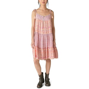 Lucky Brand Women’s Mixed Print Tie Sleeve Tiered Dress(Peach Multi)