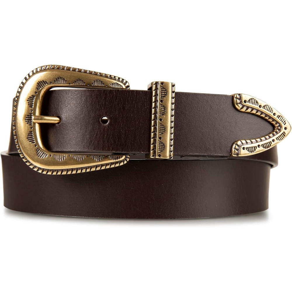 image:imageLucky Brand Womens Western Leather Belt  Classic  Fashion  Vintage  Buffalo Leather  WesternInspiredTextured Buckle  Brown