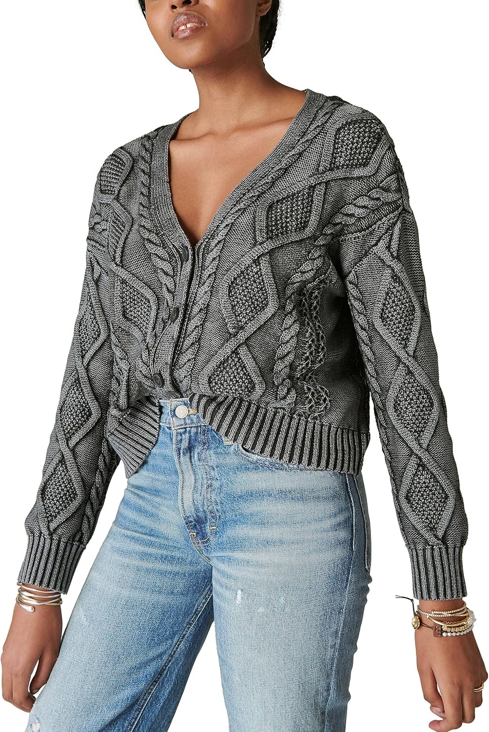 image:imageLucky Brand Cable Stitch CardiganBlack Heavy Acid Washed