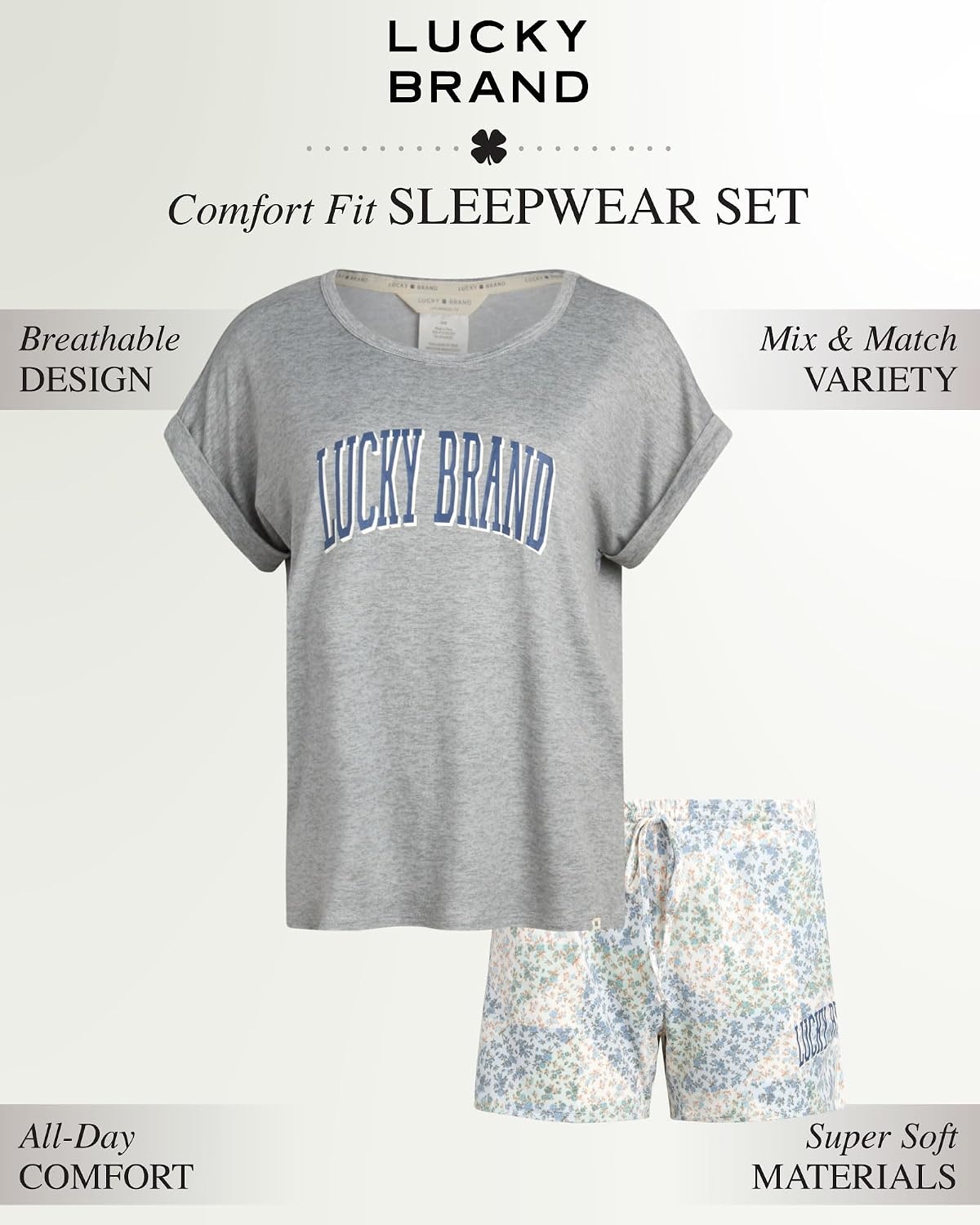 image:imageLucky Brand Womens 2 Piece Pajama Set Roll Sleeve Top amp Shorts Casual Sleepwear and Loungewear Cozy Soft PjsAztec Ditsy Print