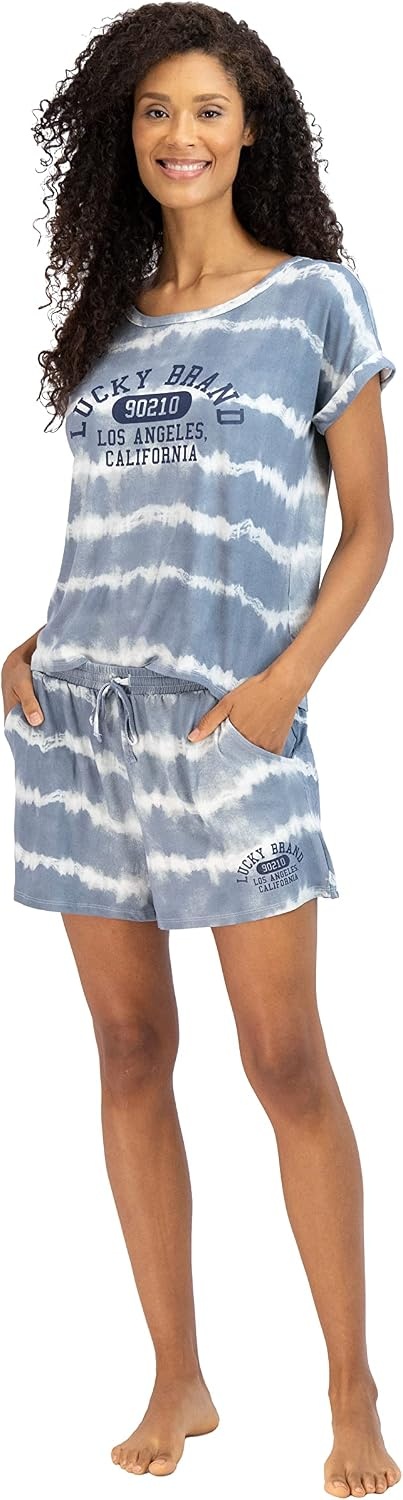 image:imageLucky Brand Womens 2 Piece Pajama Set Roll Sleeve Top amp Shorts Casual Sleepwear and Loungewear Cozy Soft PjsOcean Tie Dye