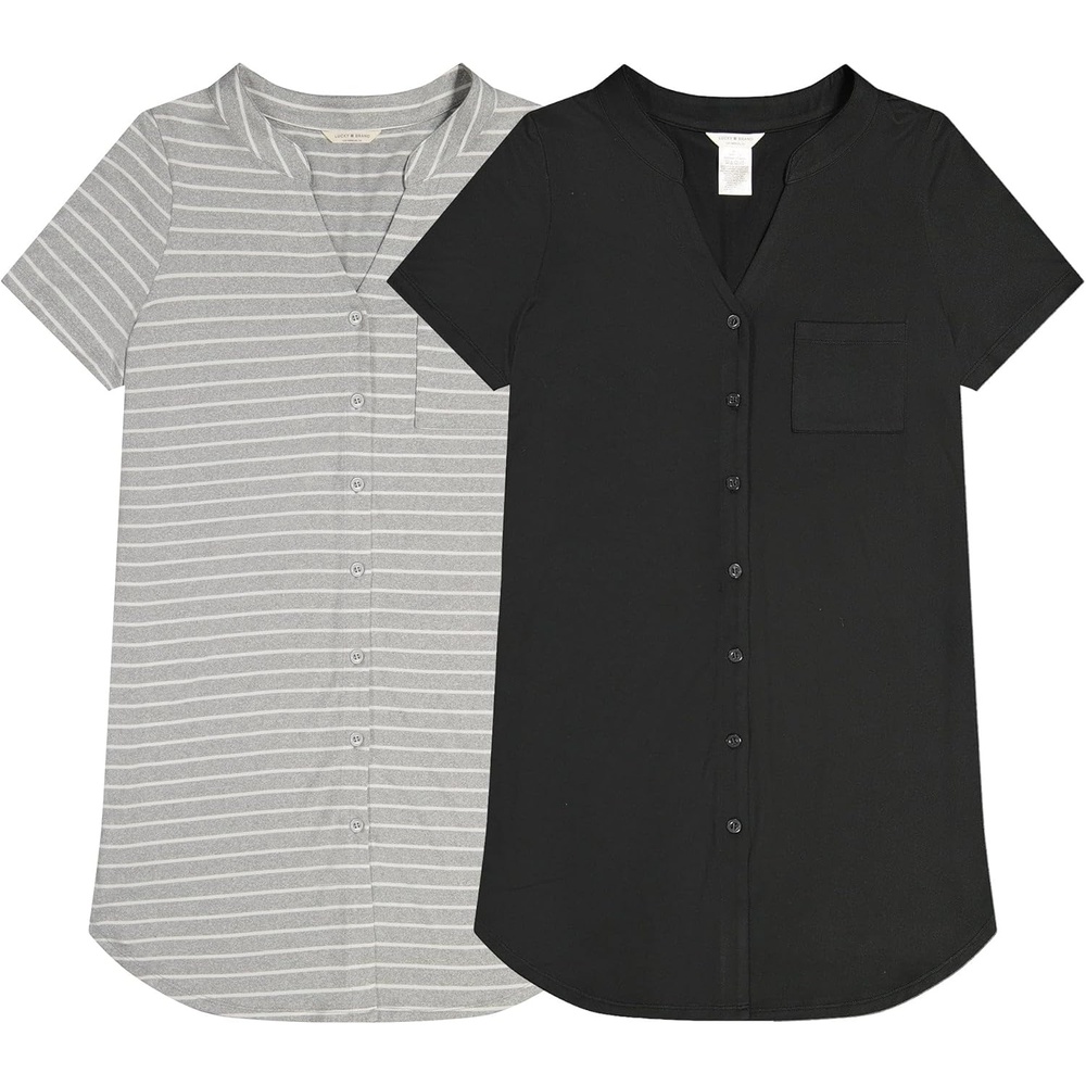 image:imageLucky Brand Womens Sleep Shirt Dress 2Pack Soft Comfortable Nightgown Style Sleepwear for Relaxed Nights and LoungingBlack Heather Grey W Wht Stripes