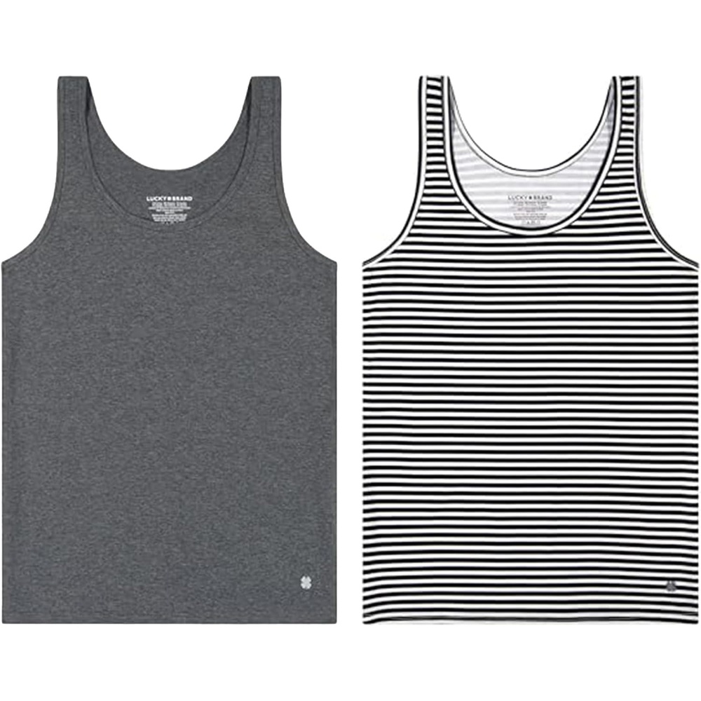 image:imageLucky Brand Womens Tank Top 2Pack Soft Cotton Blend Sleeveless Shirts for Everyday Wear Layering or LoungingCharcoalStripe Pack Charcoal Htr BlkWht Stripe