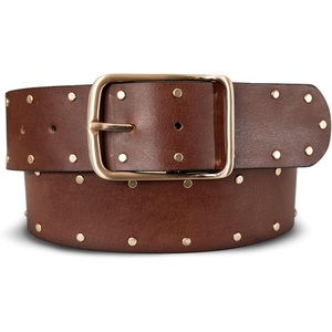 Lucky Brand Women’s Studded Leather Belt | Stylish | Classic | Modern | Jeans | Pants | Skirt | Dress(Wide Leather Studded – Brown)