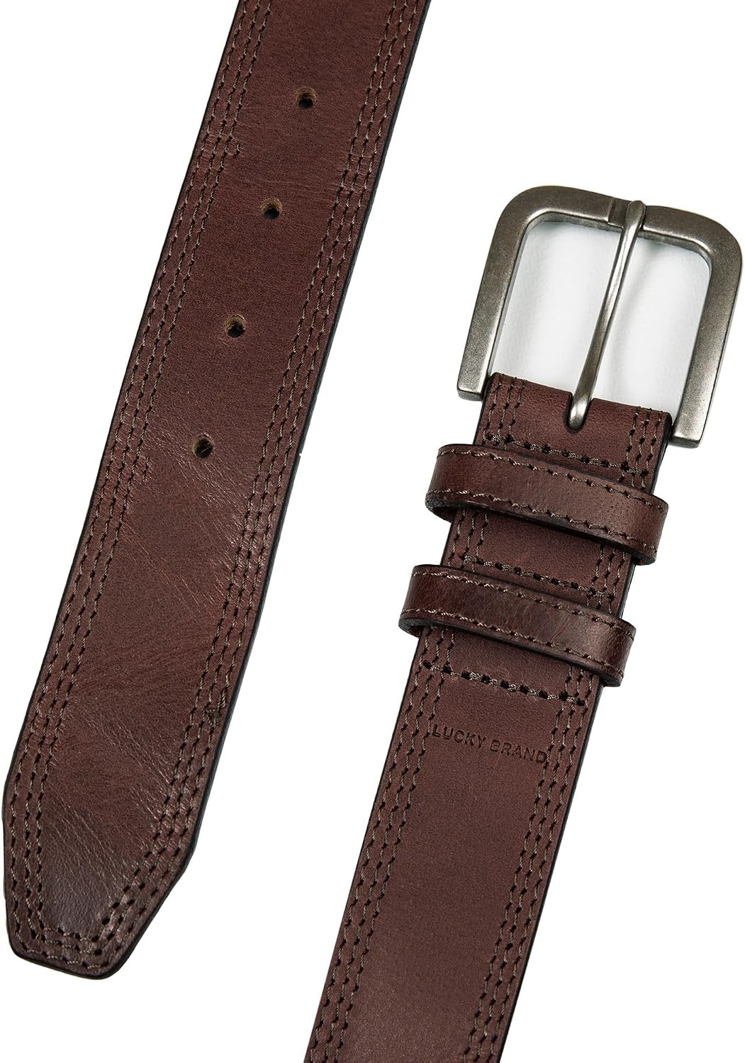 image:imageLucky Brand Mens Stitched Genuine Leather Belt Classic Casual Dress Everyday Western Metal BuckleTriple Needle Stitch Brown