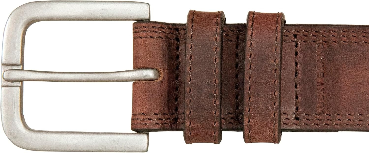 image:imageLucky Brand Mens Stitched Genuine Leather Belt Classic Casual Dress Everyday Western Metal BuckleTriple Needle Stitch Brown