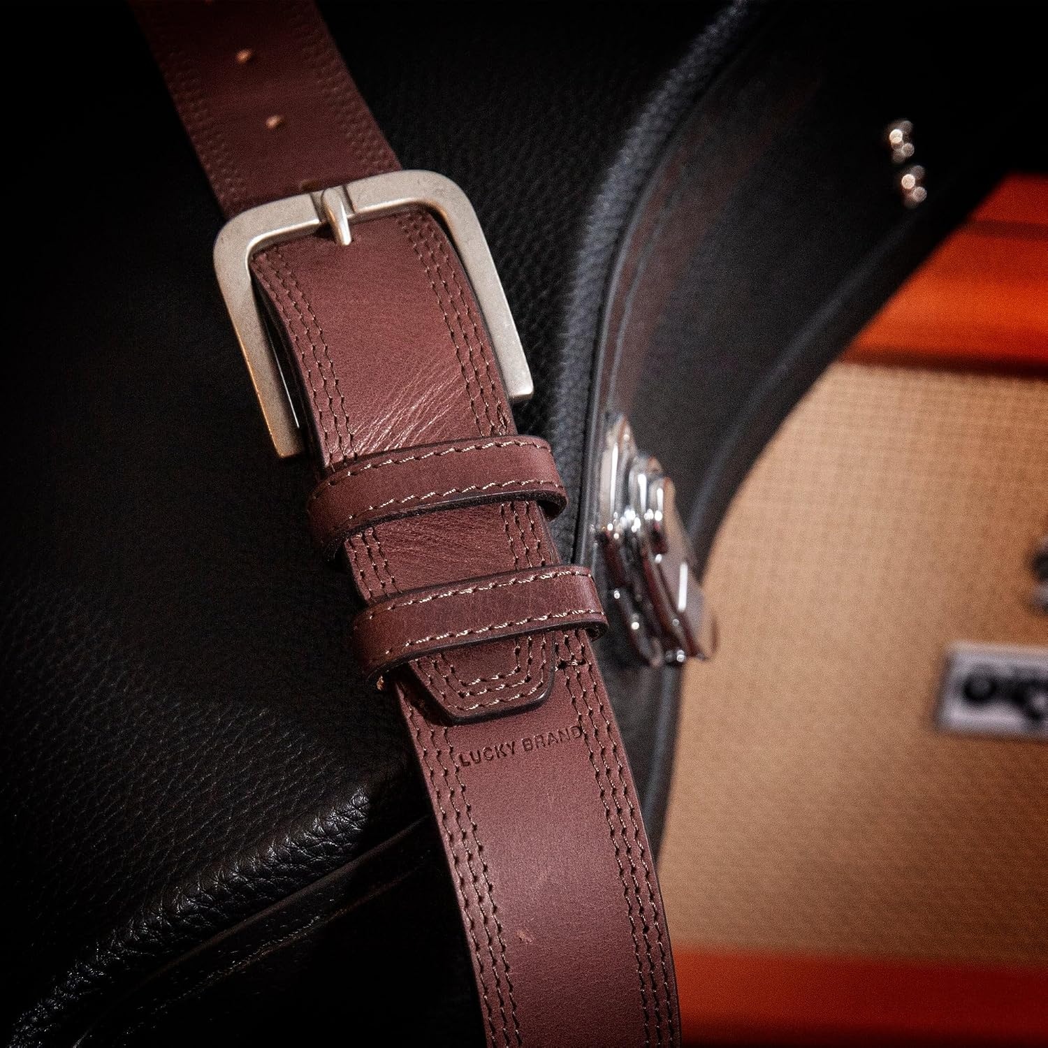 image:imageLucky Brand Mens Stitched Genuine Leather Belt Classic Casual Dress Everyday Western Metal BuckleTriple Needle Stitch Brown