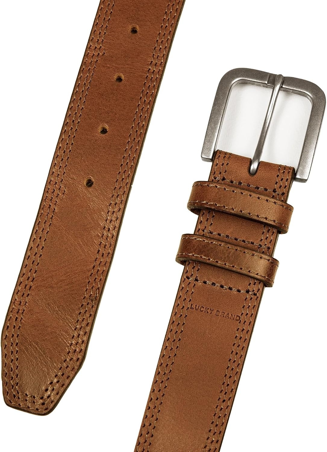 image:imageLucky Brand Mens Stitched Genuine Leather Belt Classic Casual Dress Everyday Western Metal BuckleTriple Needle Stitch Tan