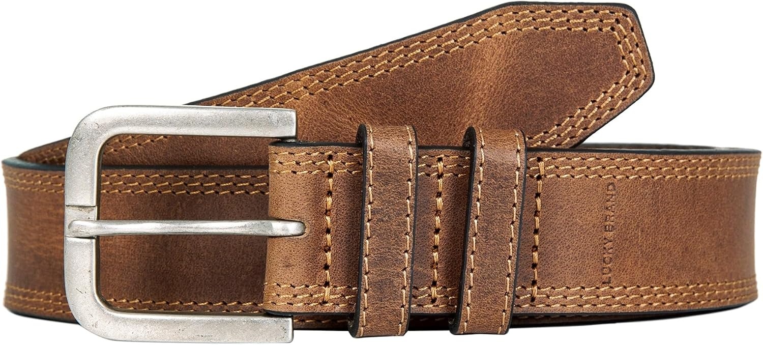 image:imageLucky Brand Mens Stitched Genuine Leather Belt Classic Casual Dress Everyday Western Metal BuckleTriple Needle Stitch Tan