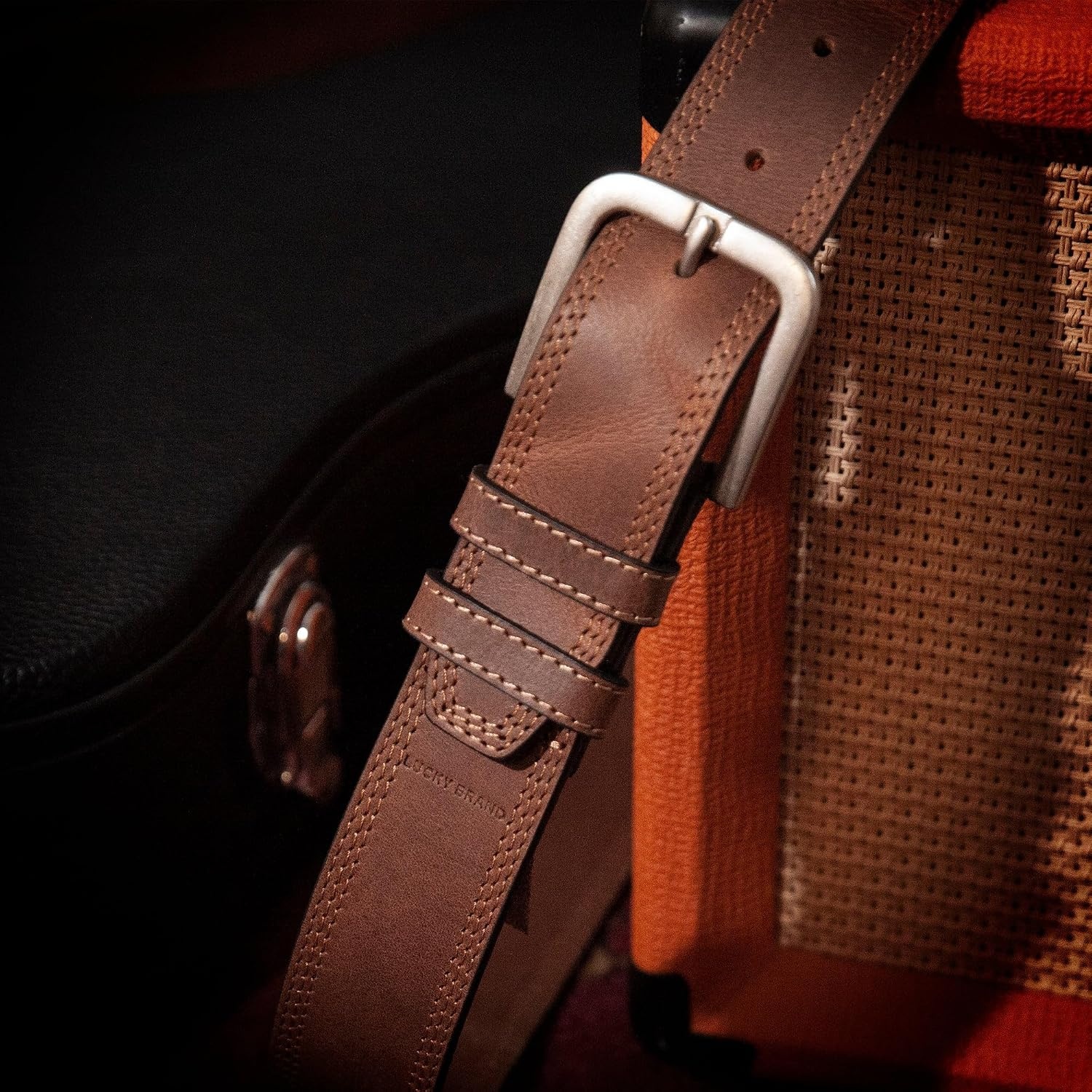 image:imageLucky Brand Mens Stitched Genuine Leather Belt Classic Casual Dress Everyday Western Metal BuckleTriple Needle Stitch Tan