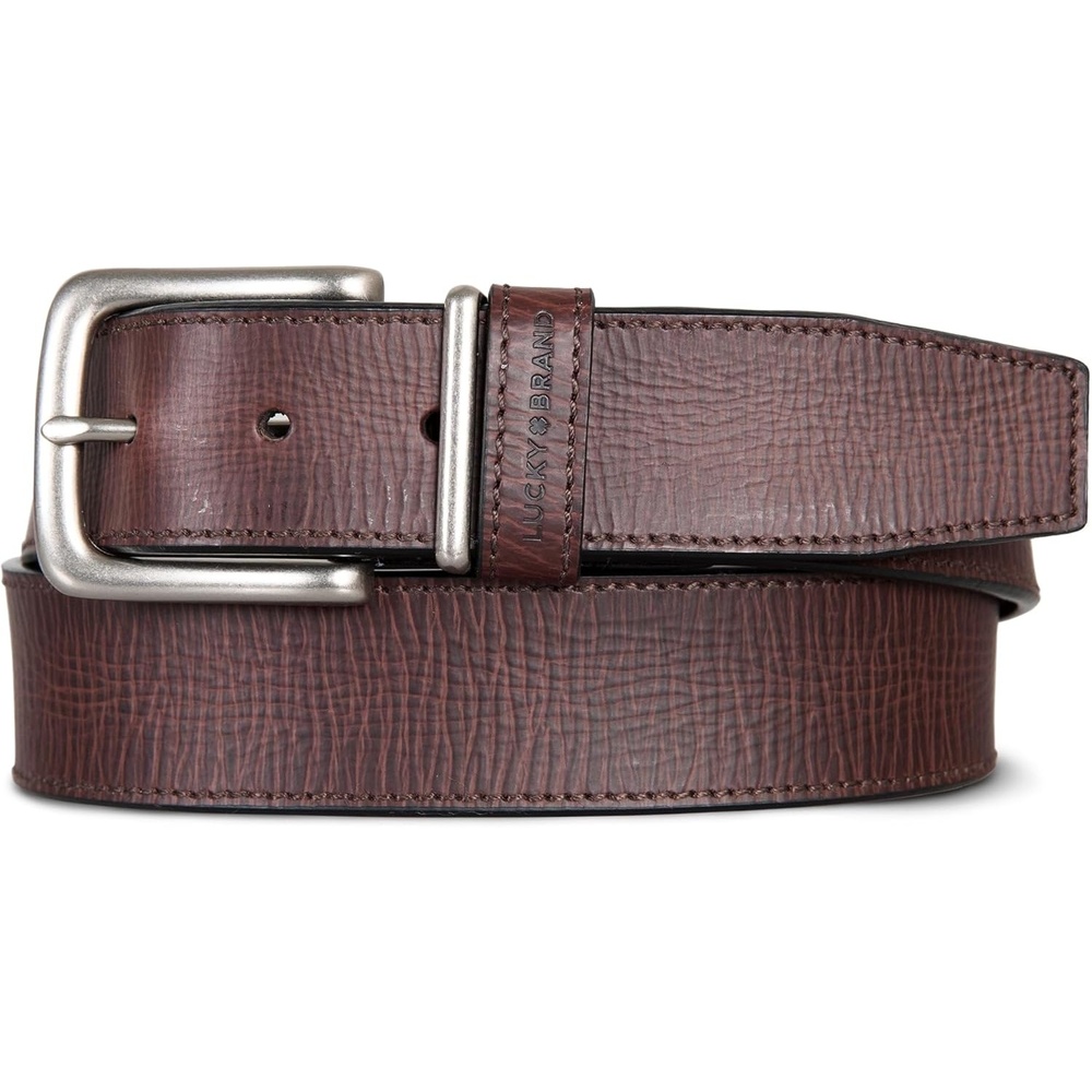 image:imageLucky Brand Mens Stitched Genuine Leather Belt Classic Casual Dress Everyday Western Metal BuckleLeather Keeper Brown