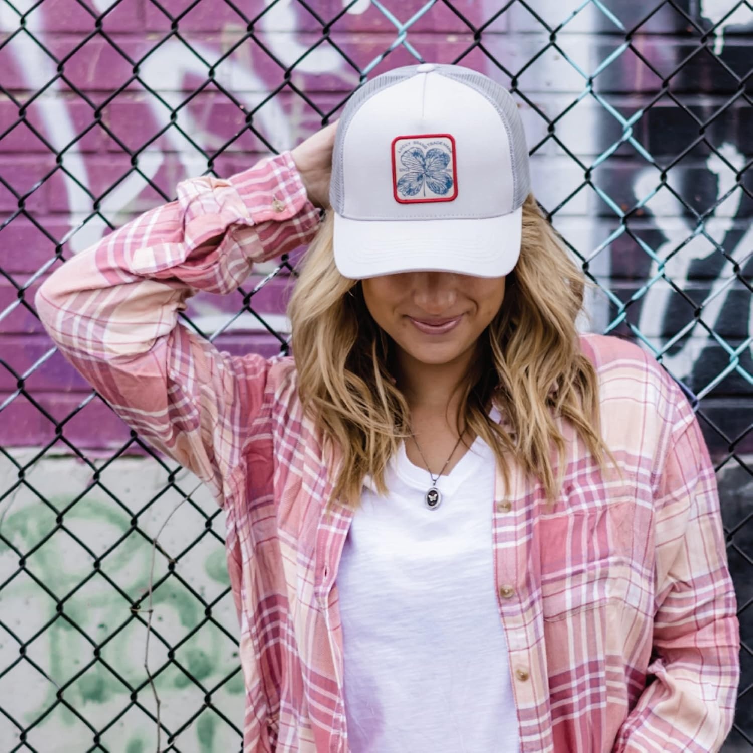 image:imageLucky Brand Trucker Hat Snapback Adjustable Mesh Back Retro Baseball Cap Golf Fishing American HeritageClover Patch Light Grey