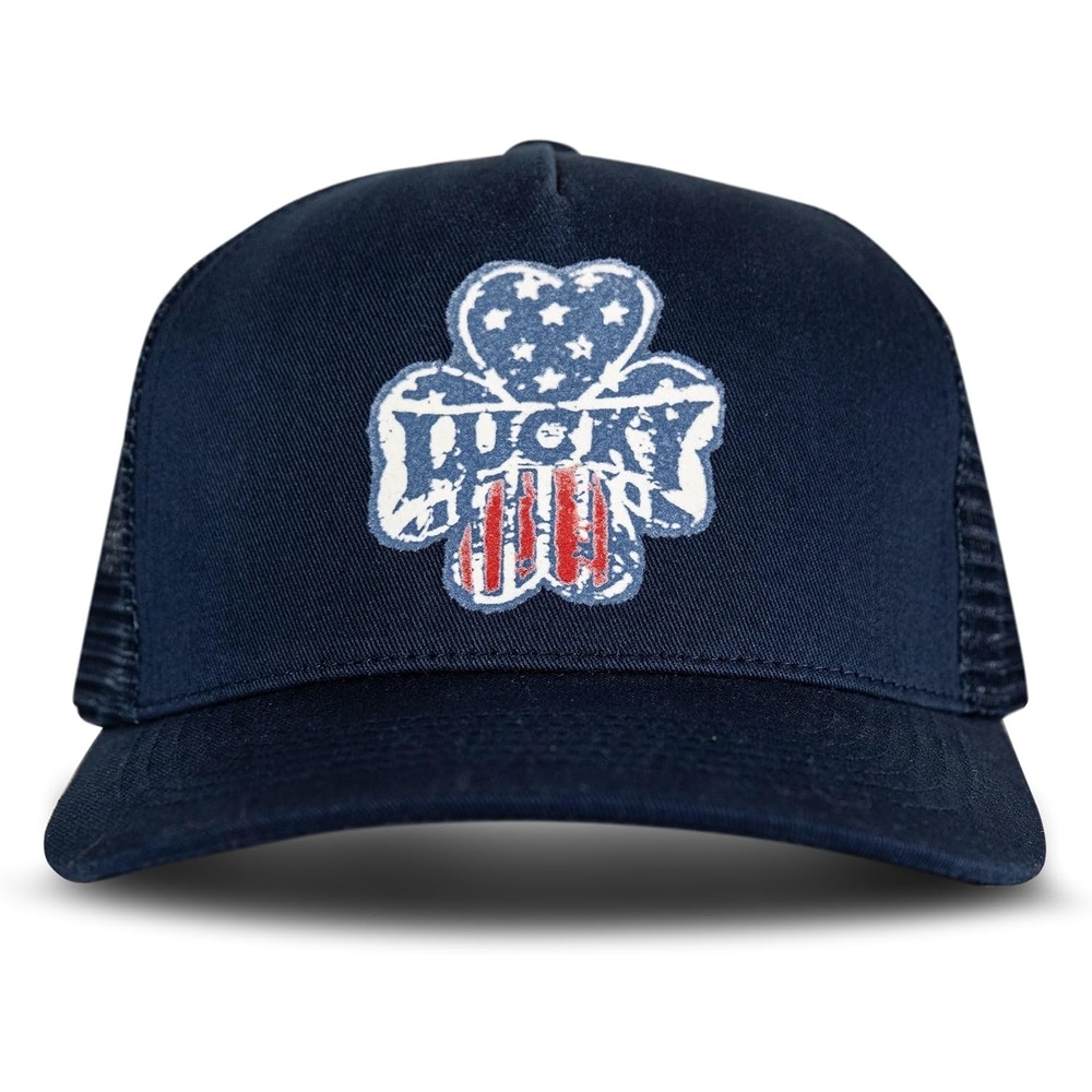 image:imageLucky Brand Trucker Hat Snapback Adjustable Mesh Back Retro Baseball Cap Golf Fishing American HeritageClover Felt Patch Navy