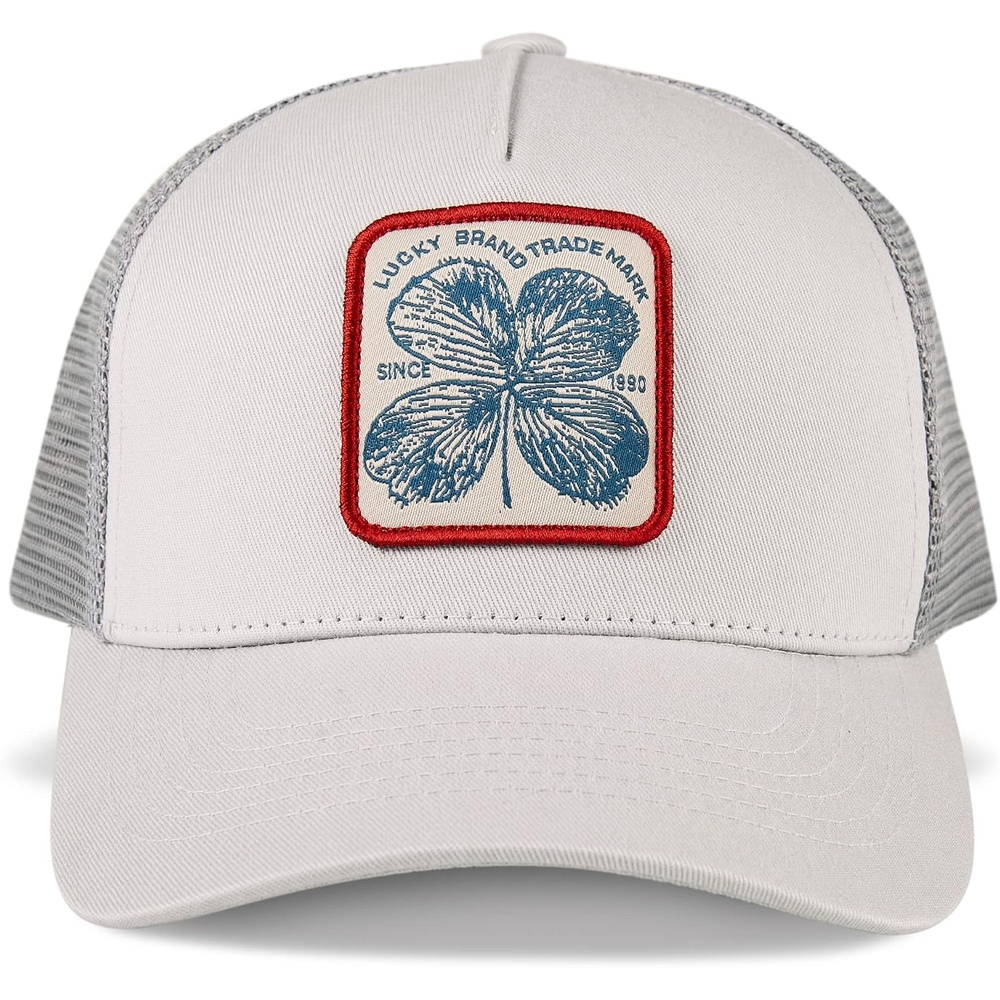 image:imageLucky Brand Trucker Hat Snapback Adjustable Mesh Back Retro Baseball Cap Golf Fishing American HeritageClover Patch Light Grey