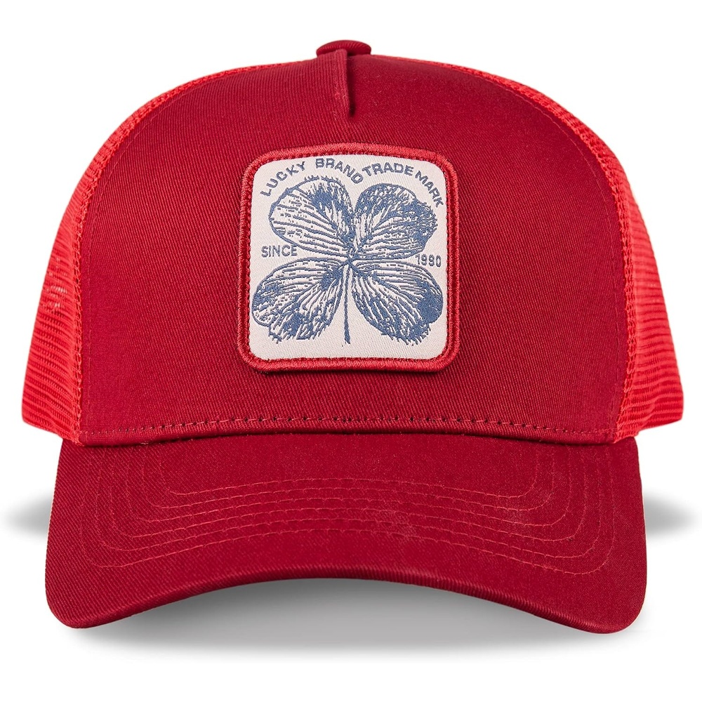 image:imageLucky Brand Trucker Hat  Snapback  Adjustable  Mesh Back  Retro  Baseball Cap  Golf  Fishing  American HeritageClover Patch  Red
