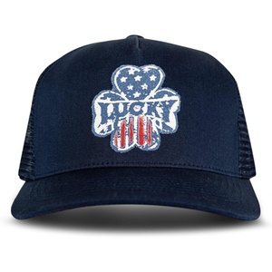 Lucky Brand Trucker Hat | Snapback | Adjustable | Mesh Back | Retro | Baseball Cap | Golf | Fishing | American Heritage(Clover Felt Patch – Navy)