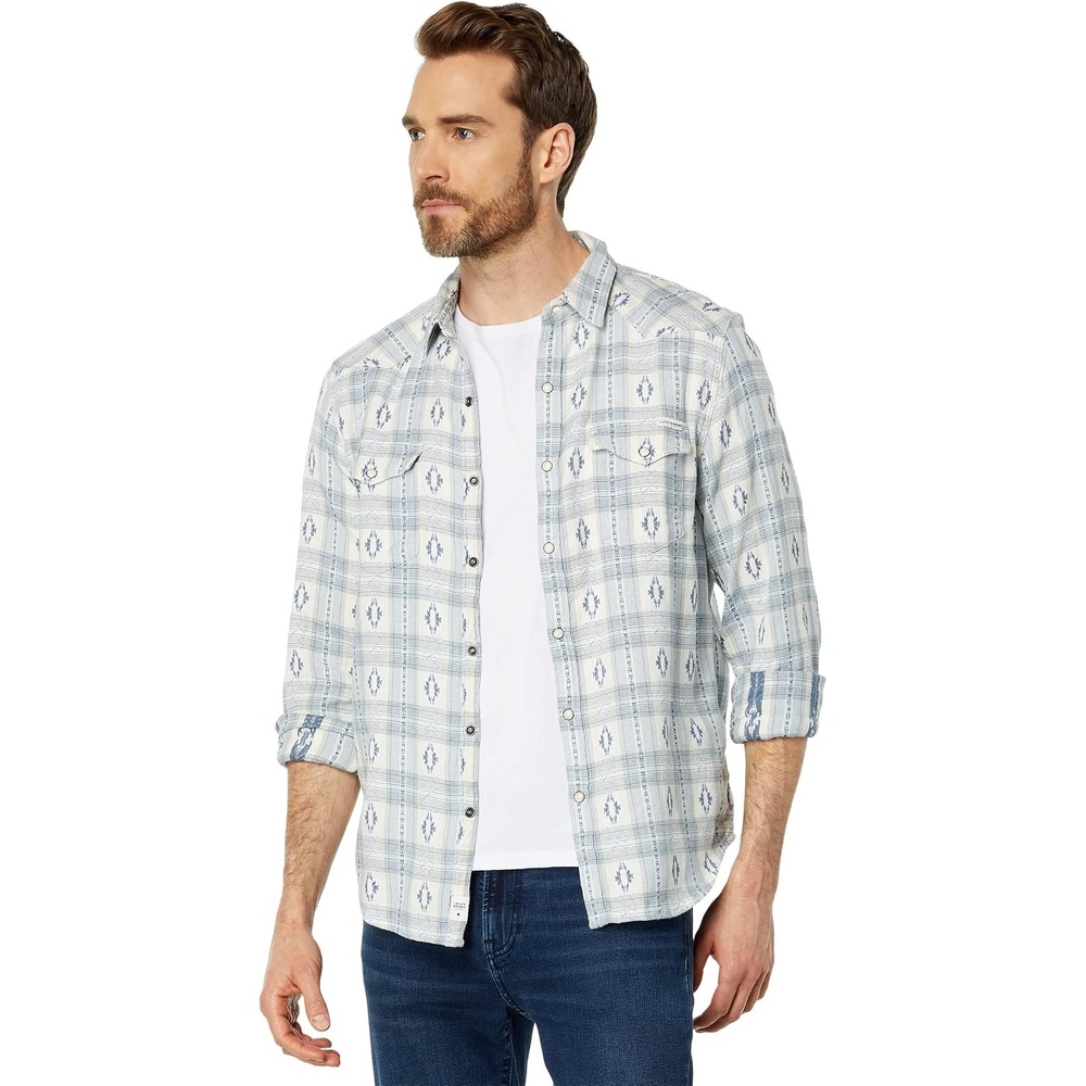 image:imageLucky Brand Mens Indigo Plaid Western Long Sleeve ShirtWhiteBlue Combo