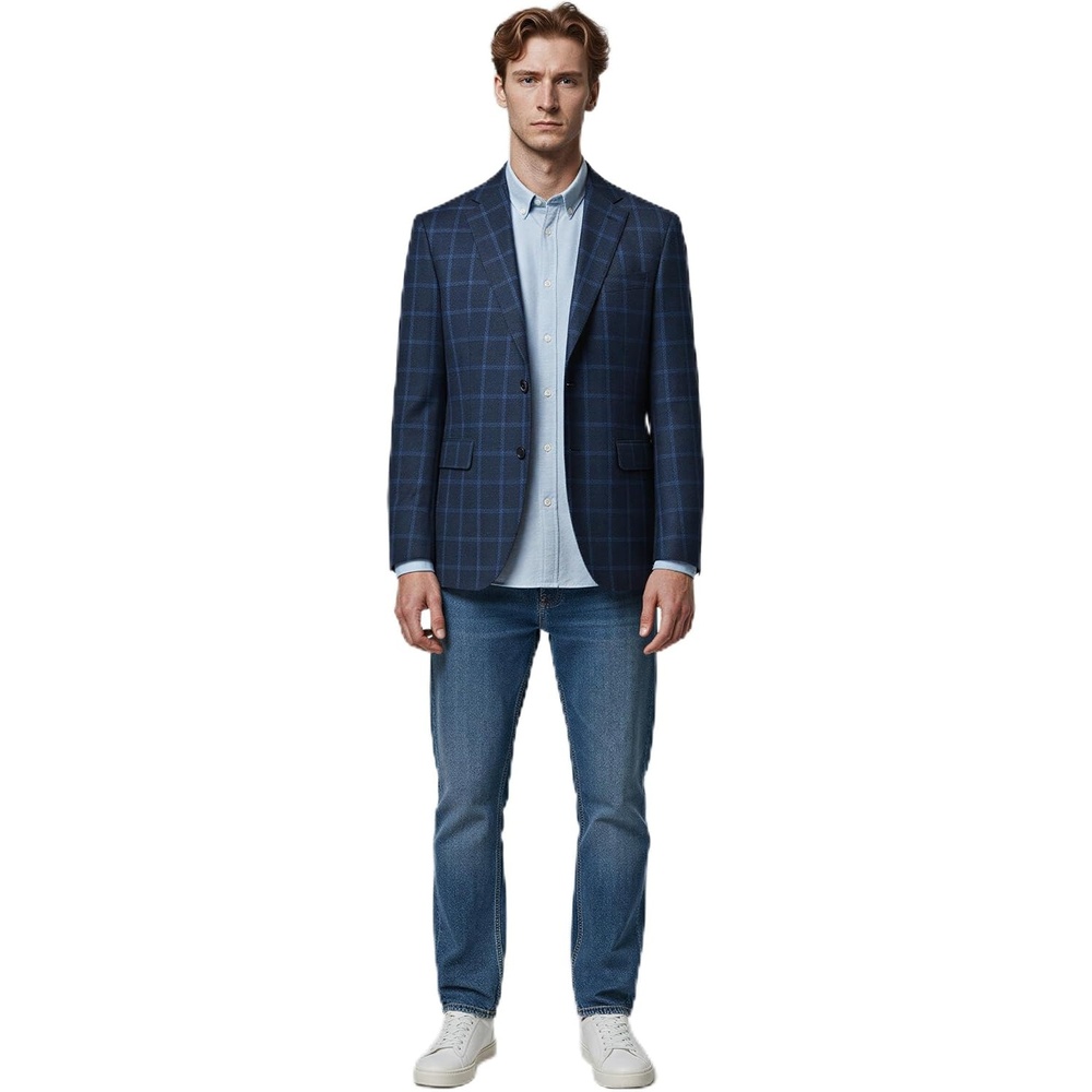 image:imageLucky Brand Mens Navy Heather Glen Plaid Knit Sportcoat Slim Fit 2Button